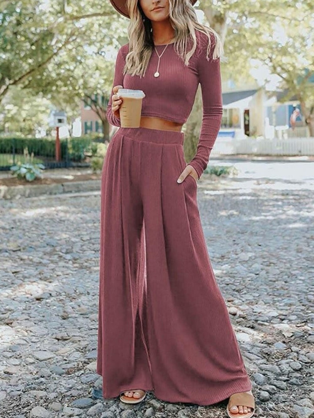 Women's Wide Leg High-Waist Pants Set-Pink